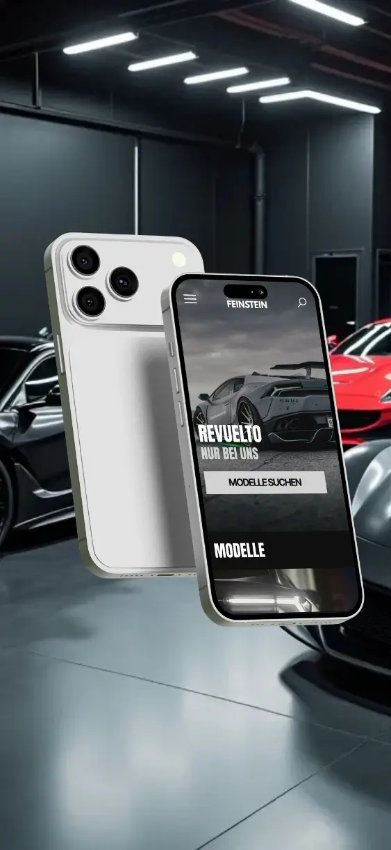 Smartphone mit Autohaus im Hintergrund