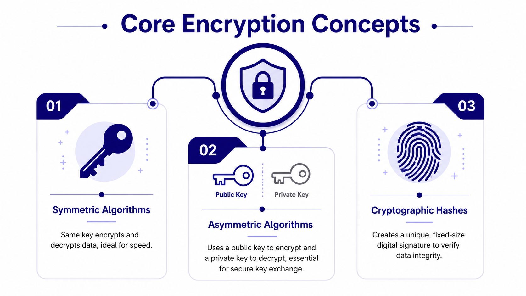 A diagram illustrating three core encryption concepts: symmetric algorithms, asymmetric algorithms, and cryptographic hashes with icons.