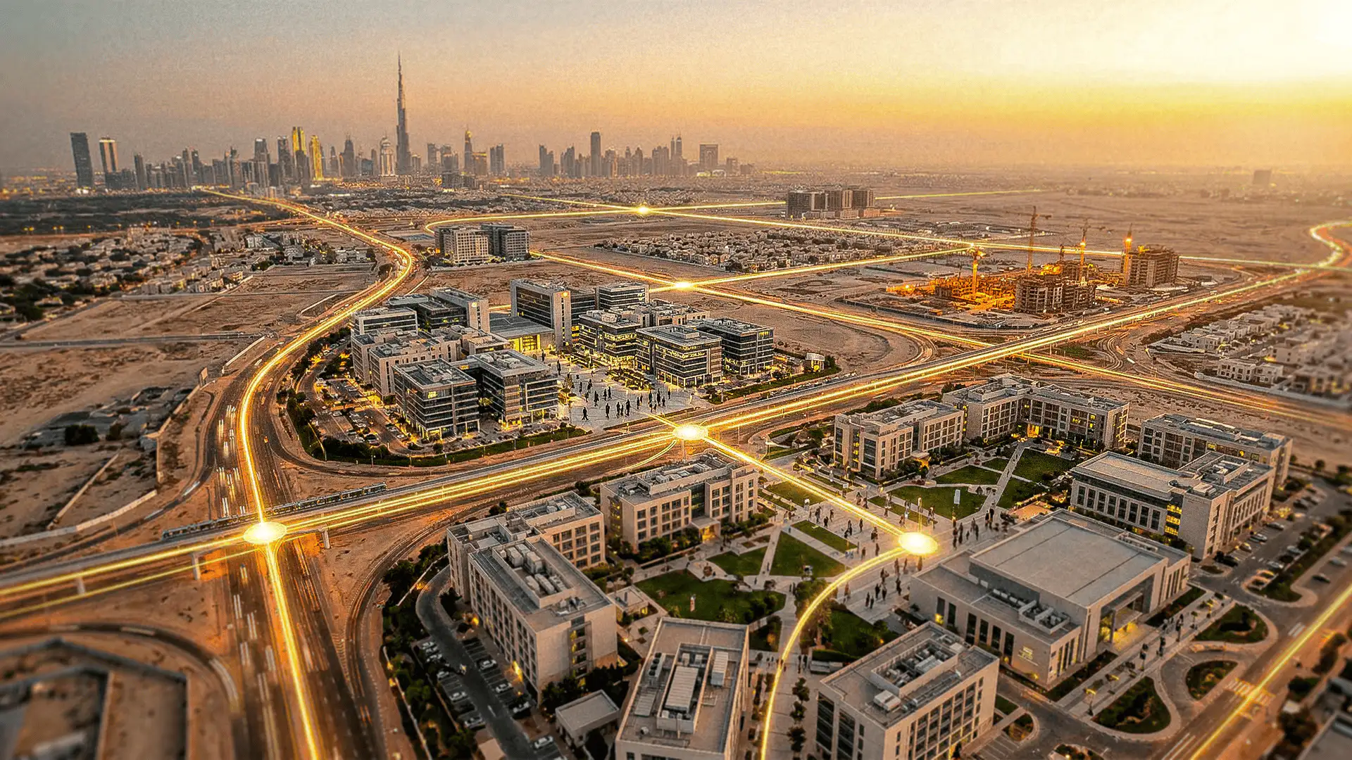 Desarrollo urbano planificado en Dubái con infraestructura vial conectada y expansión territorial hacia el skyline de la ciudad.
