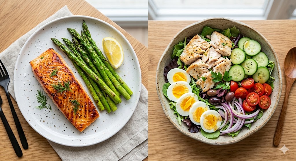 An overhead photograph of two healthy meals on a wooden table: a plate with grilled salmon and asparagus, next to a bowl of tuna, egg, and vegetable salad.