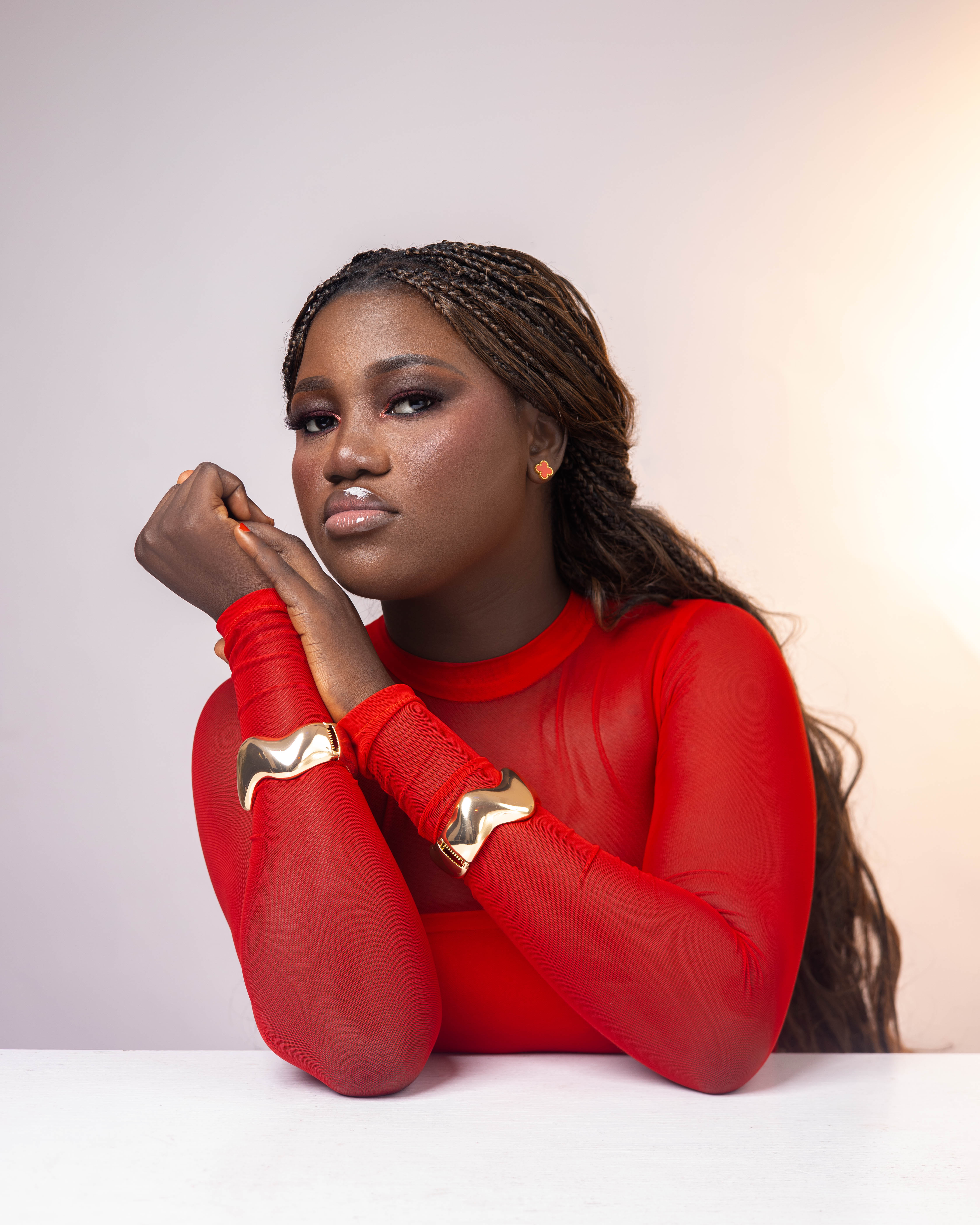 a portrait of woman in red by anto media