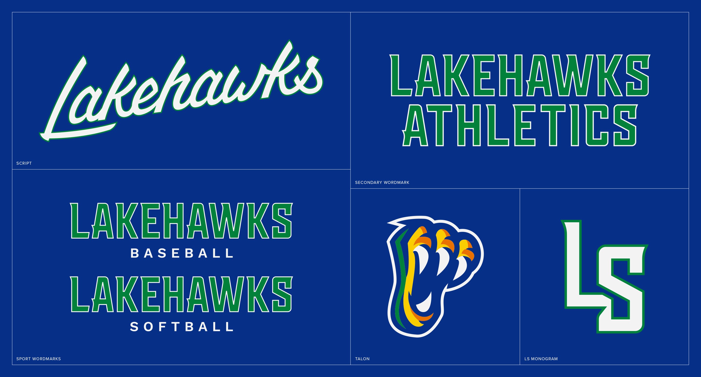 Lakehawks Athletics talon, LS monogram, script mark + sport wordmarks.