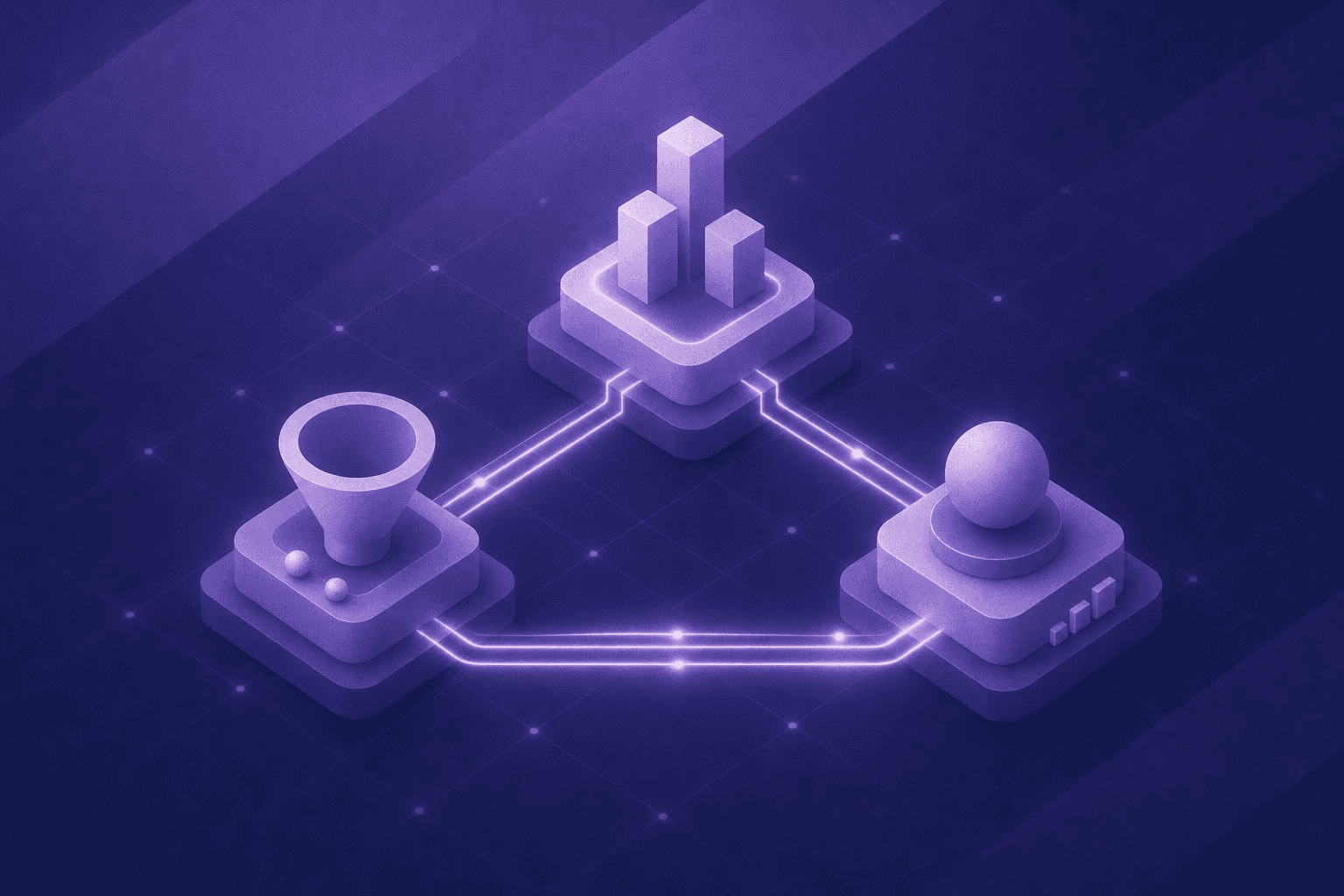 A clean, modern isometric illustration of a B2B marketing technology ecosystem — showing three interconnected platform nodes representing marketing automation, CRM, and analytics, linked by glowing data flow lines, arranged in a triangular formation on a dark navy background with subtle grid lines, minimalist flat design style, no text or labels