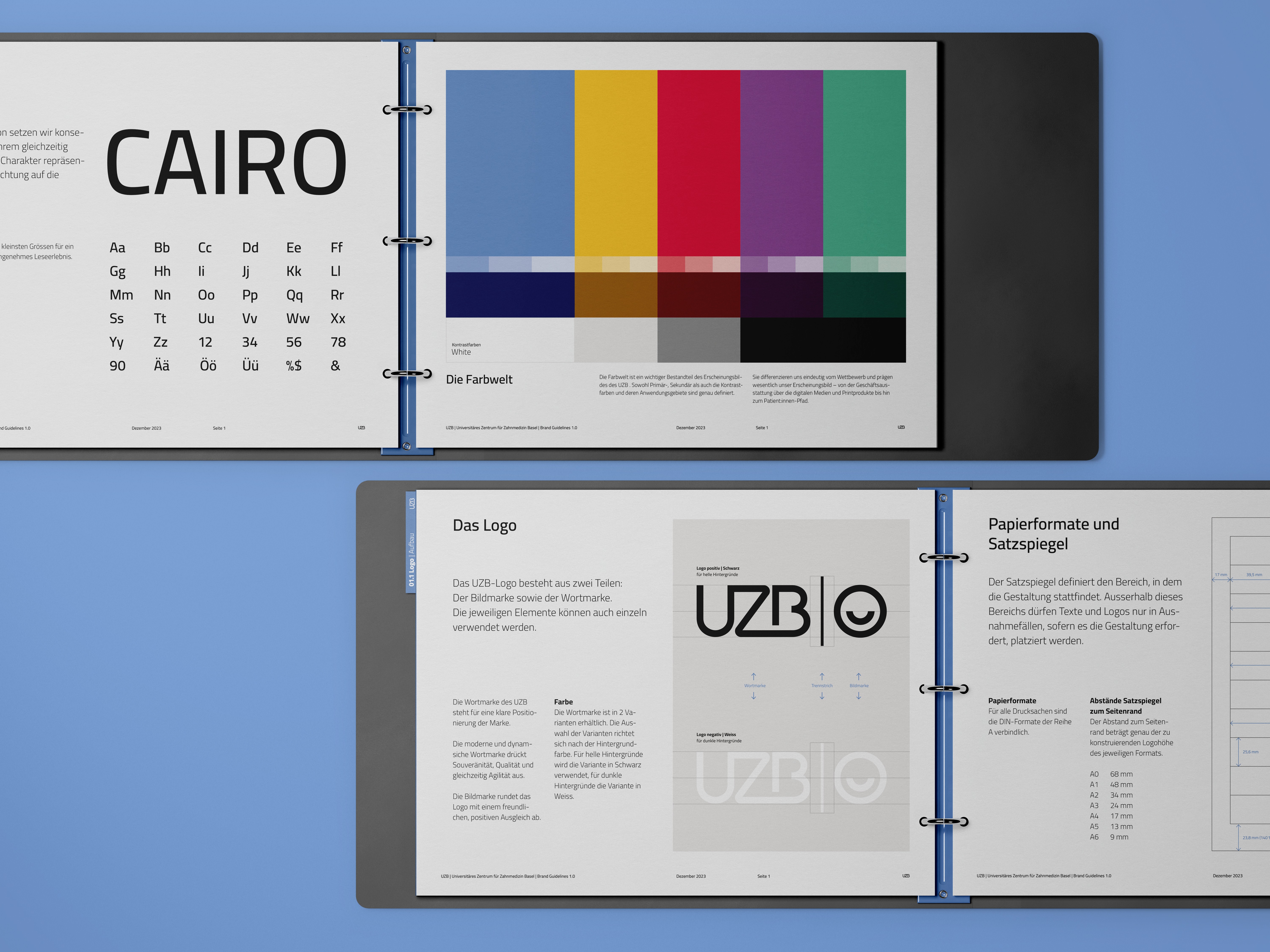 Corporate Design der UZB Basel – definierte Farbwelt, Typografie und Layoutsystem für eine klare Markenkommunikation.
