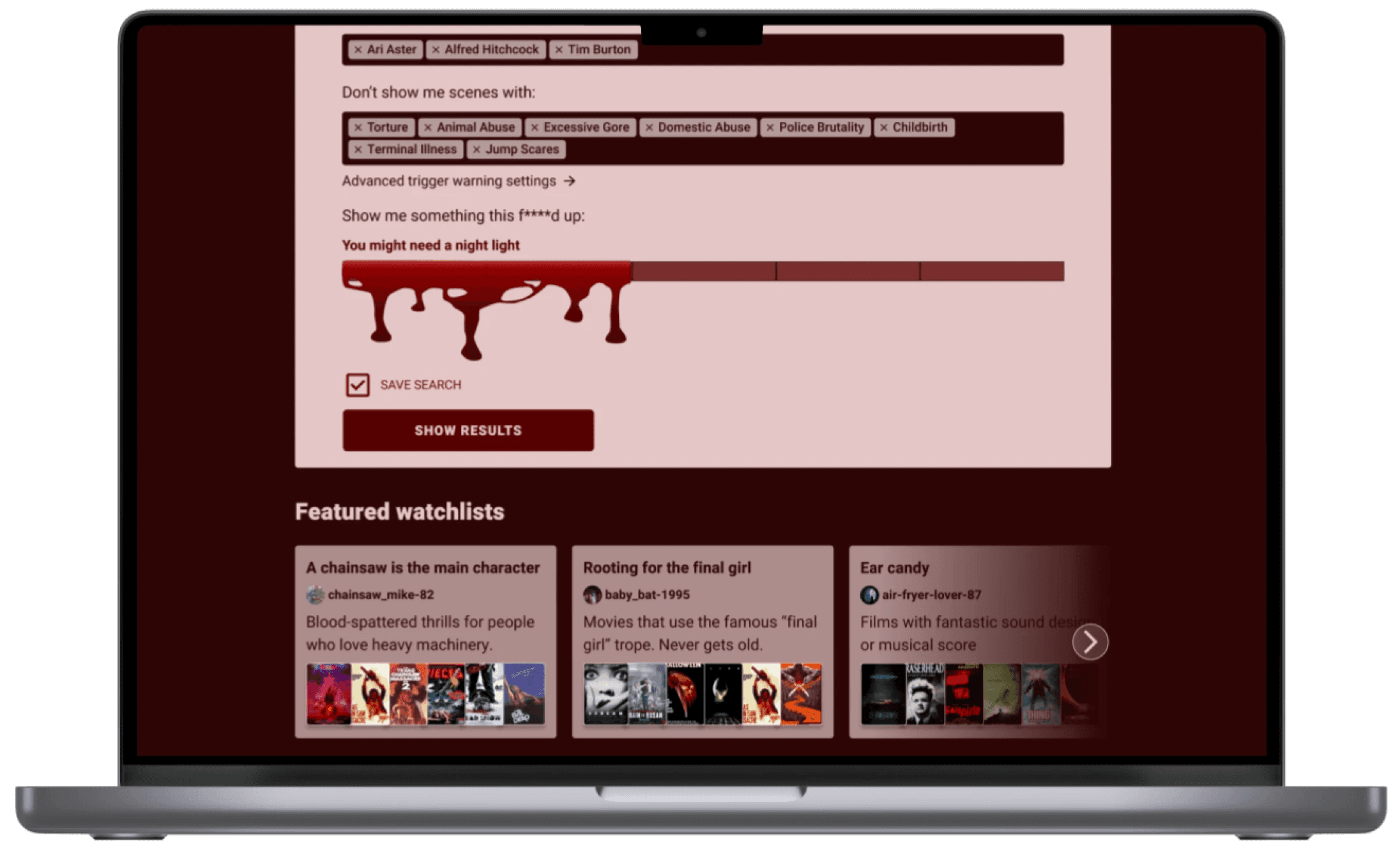 desktop mockup v2 showing expanded movie matchmaker and featured watchlist section