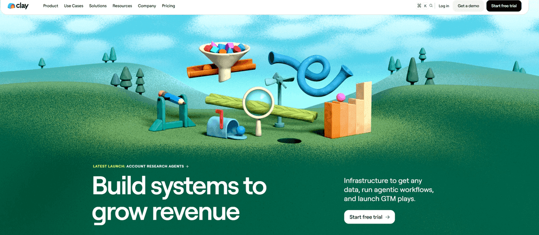Clay.com home page showing the spreadsheet-and-waterfall approach to enrichment