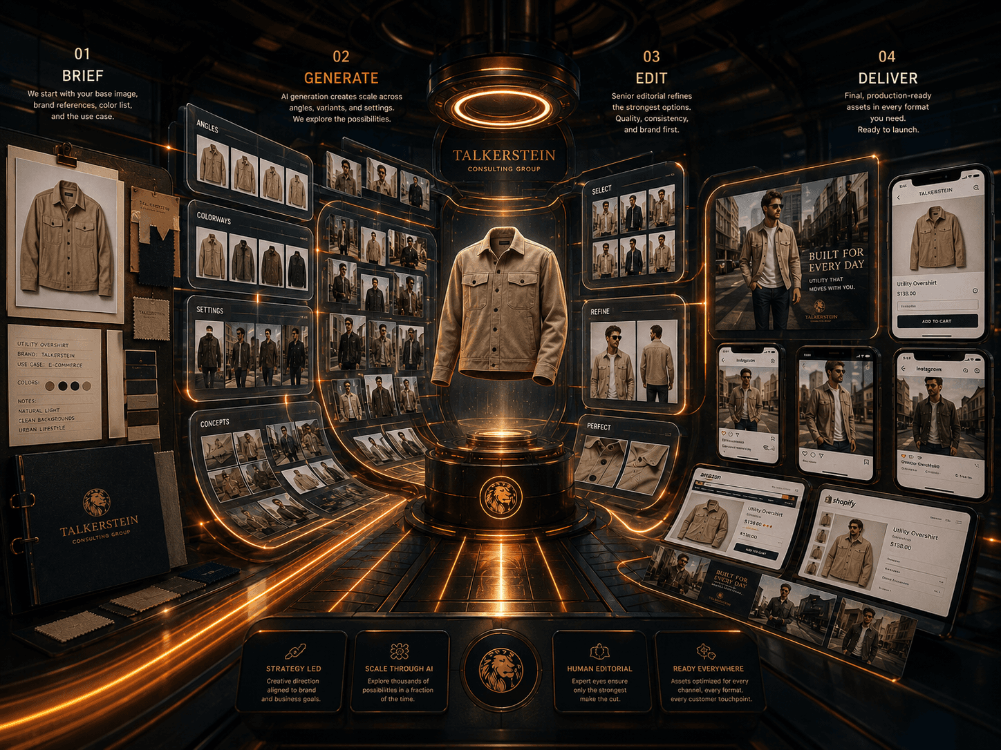 Retro-futuristic fashion production studio featuring a garment suspended at the center of a digital content pipeline, surrounded by fashion variations, editorial imagery, color options, and marketplace assets that evolve from creative brief to finished e-commerce deliverables.