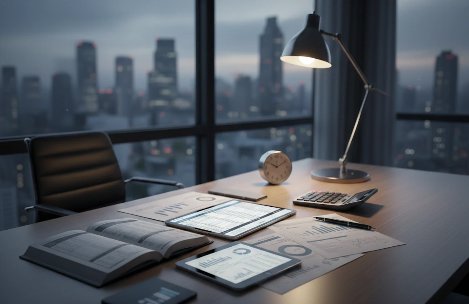스타트업 세무 전략 기업 재무 분석 자료가 놓인 사무실 책상 도시 전망과 함께 비즈니스 문서와 계산기가 있는 전문적인 업무 환경