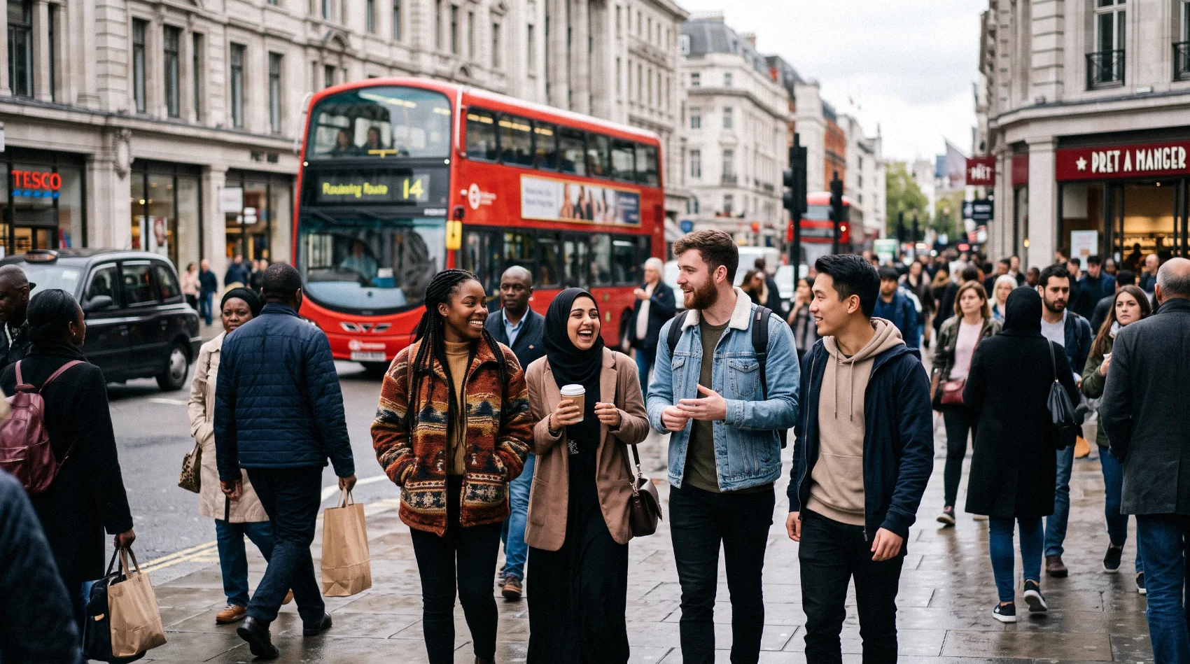 Diverse multicultural friends laughing walking in central London with red double decker bus 14 - UK young diverse population