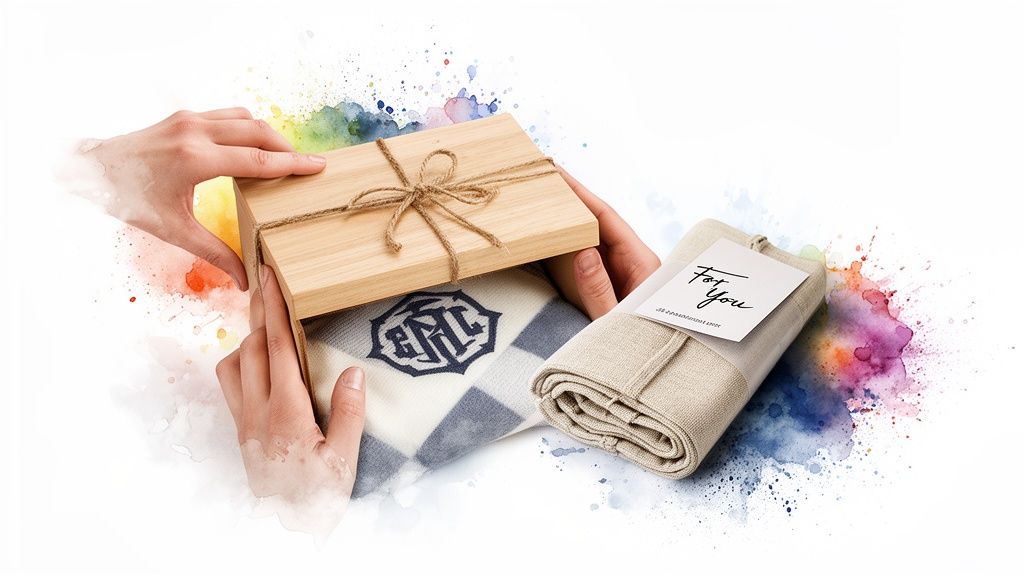 Hands opening a wooden gift box revealing a personalized blanket, next to another blanket with a 'For You' tag.