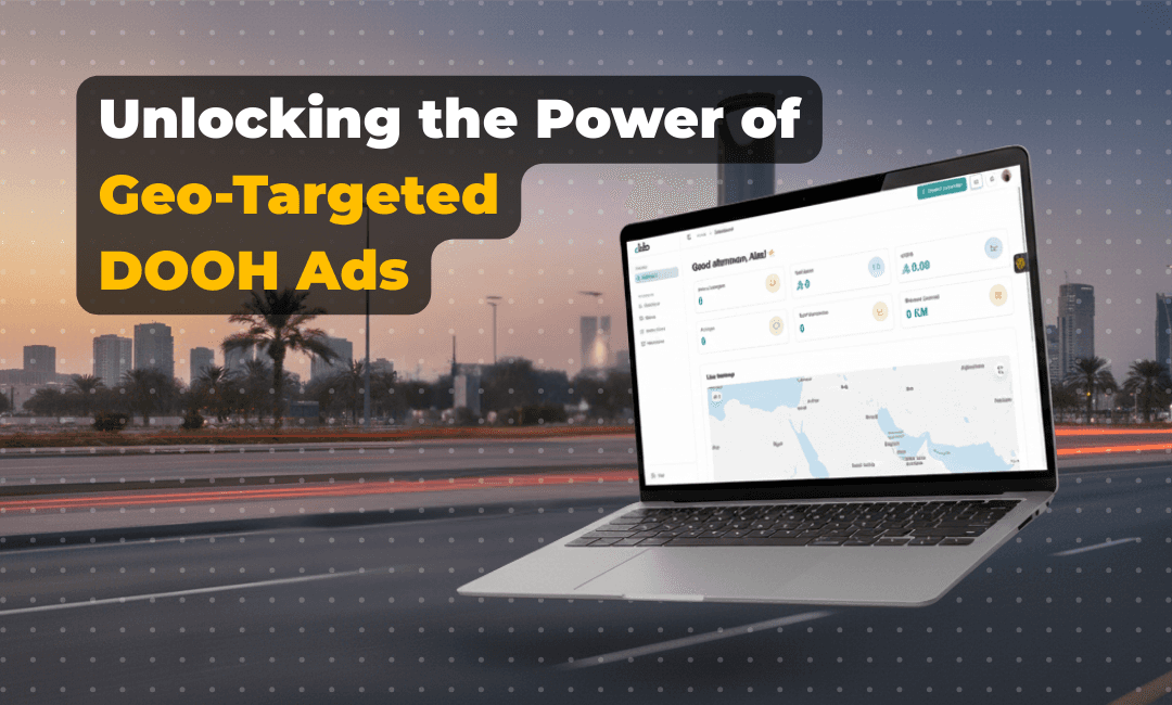 Laptop displaying dKilo’s dashboard over a city road background, representing geo-targeted DOOH advertising.