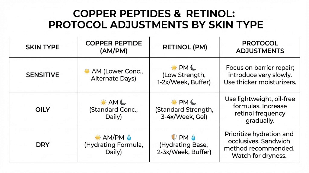 Copper peptides and retinol protocol adjustments by skin type