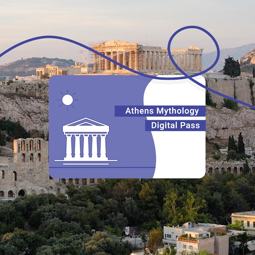 雅典卫城景观,上方叠加了一个标题为“雅典神话数字通票”的数字通票,并配有一枚希腊神庙图标。
