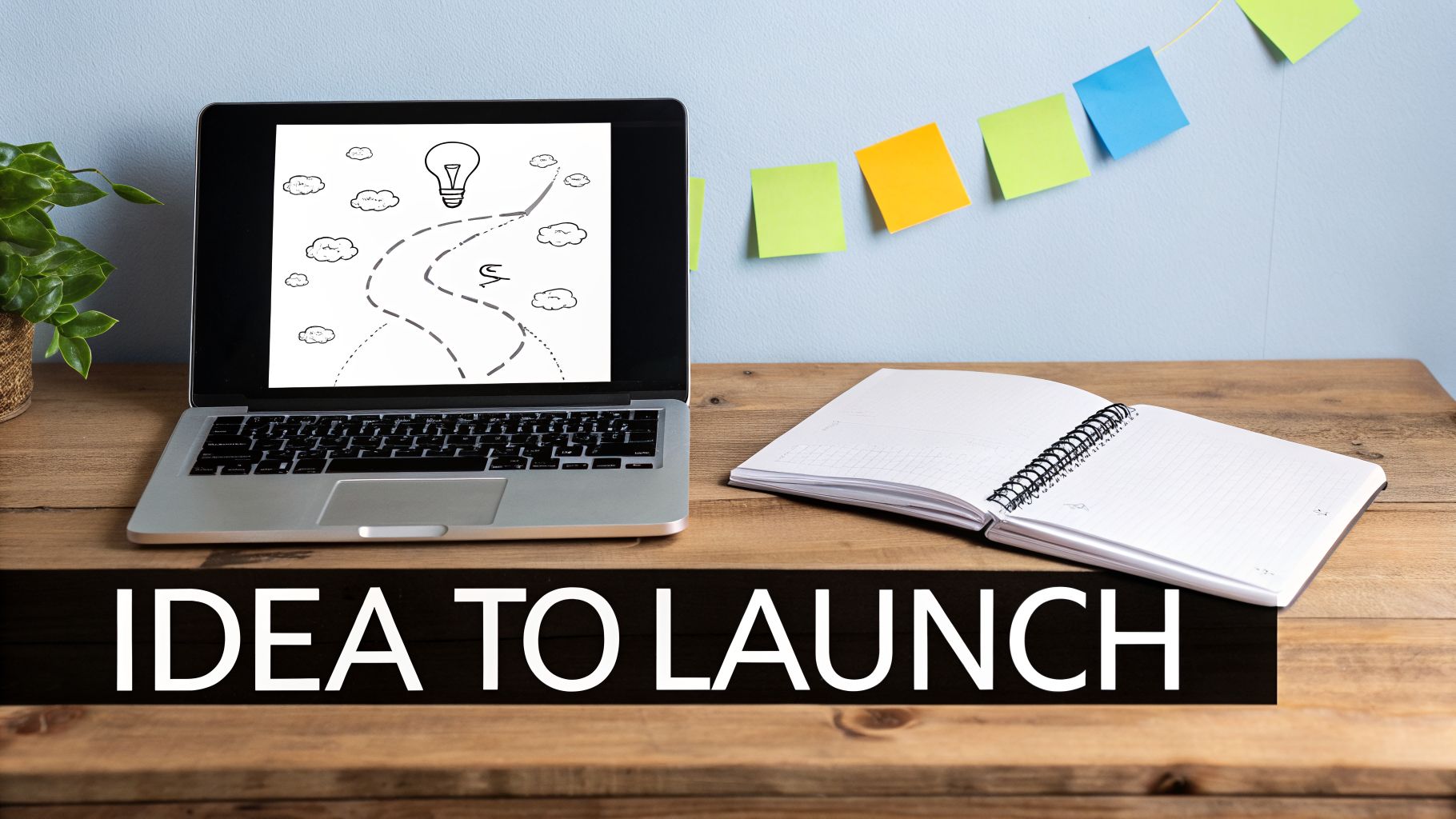 A laptop displays an idea-to-launch roadmap, beside an open notebook and colorful sticky notes. Text reads 'IDEA TO LAUNCH'.