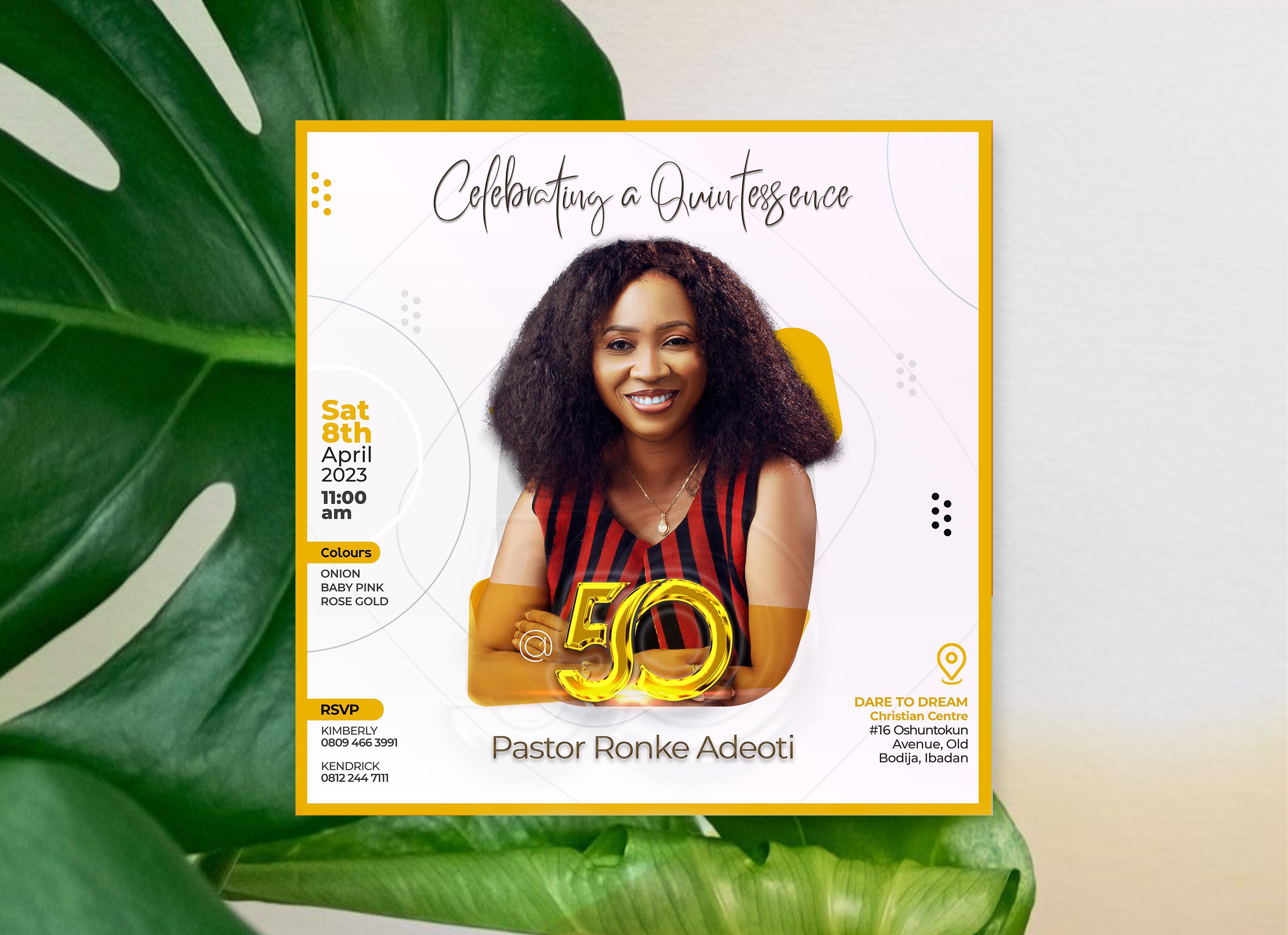 Commemorative 50th birthday celebration design combining gold accents, graceful fonts, and photo highlights to honour the milestone event.