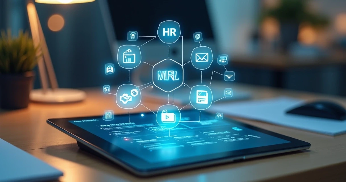 Icones de integração tecnológica em tela corporativa.