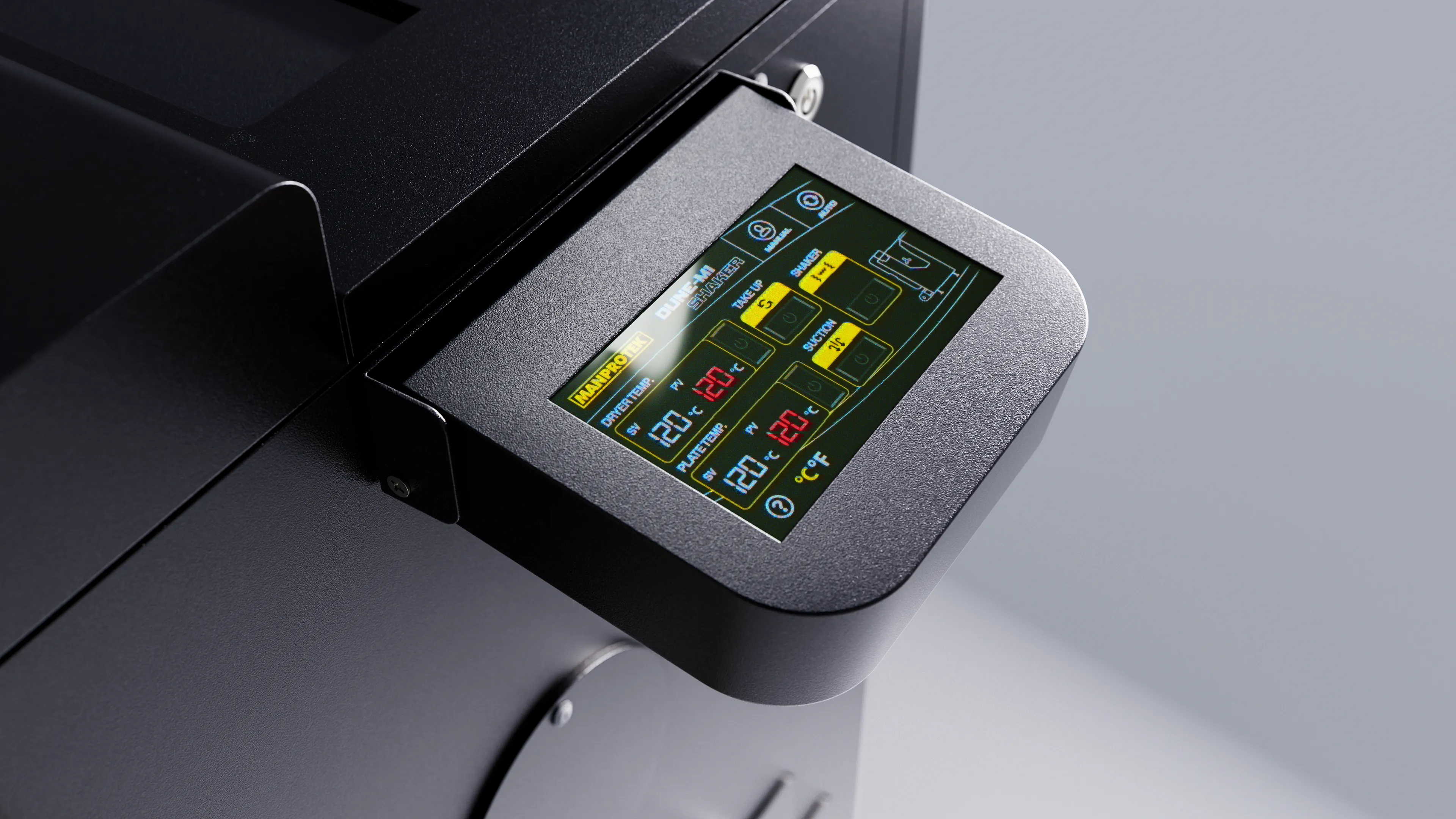 Close-up view of the full touch panel display on the Dune M powder shaker. This interface provides intuitive and fast control, allowing operators to easily monitor and adjust settings like dryer and plate temperatures.