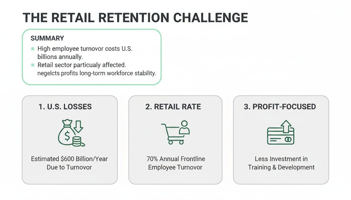 Infographic on retail retention challenges, showing employee turnover costs, retail rates, and profit-focused investment.