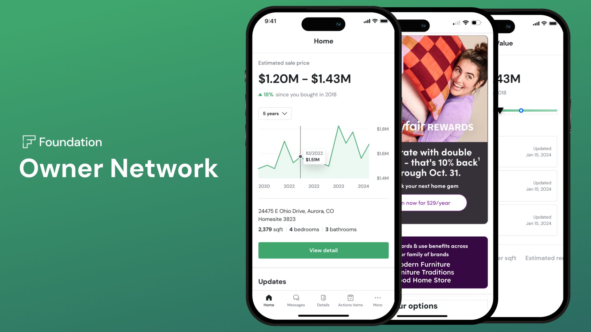 Three mobile phones showcase a real estate app with property value graphs, rewards, and details, branded Foundation Owner Network.