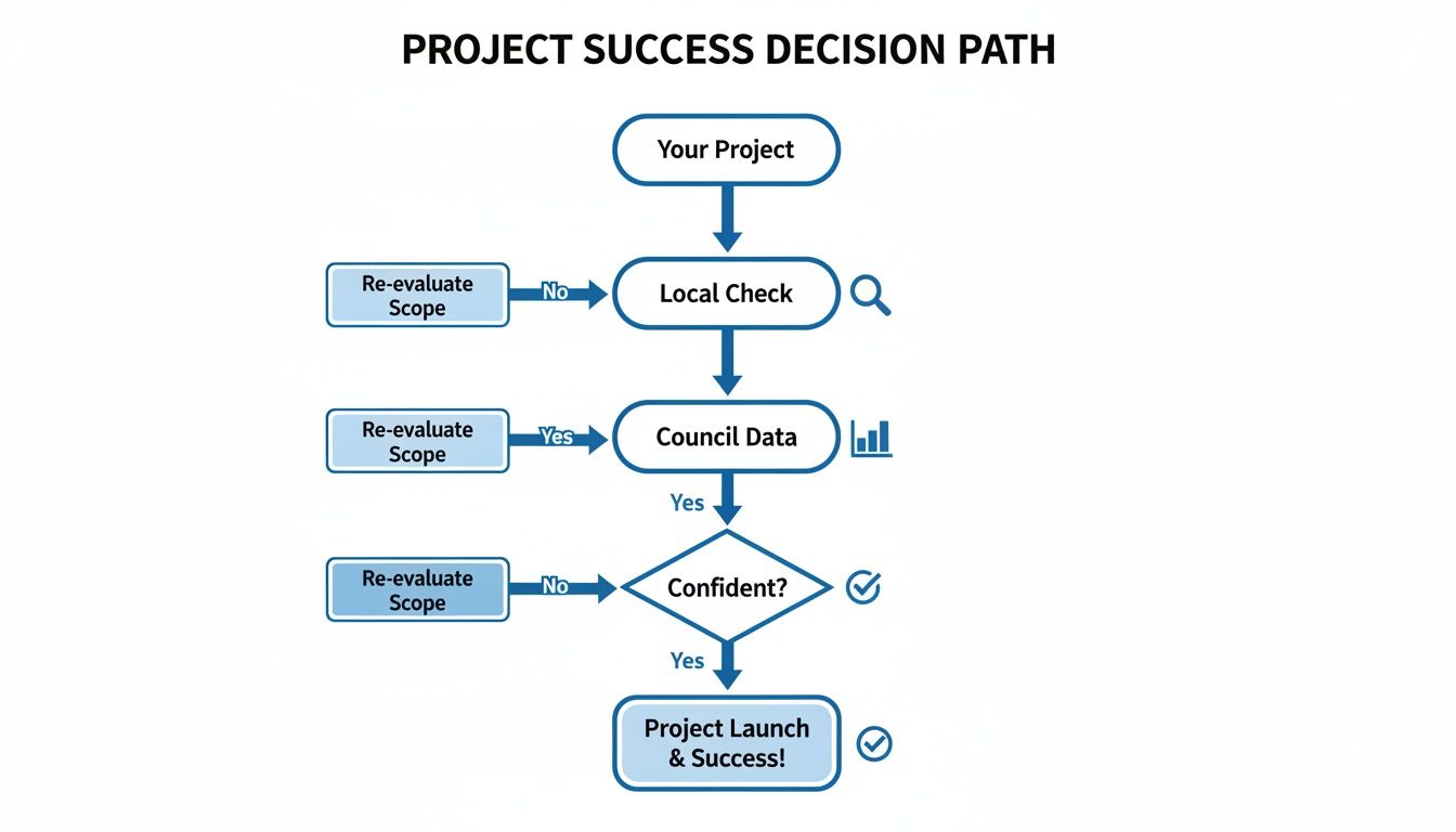 Flowchart illustrating a project success decision path, including local checks, council data evaluation, and re-scoping options.