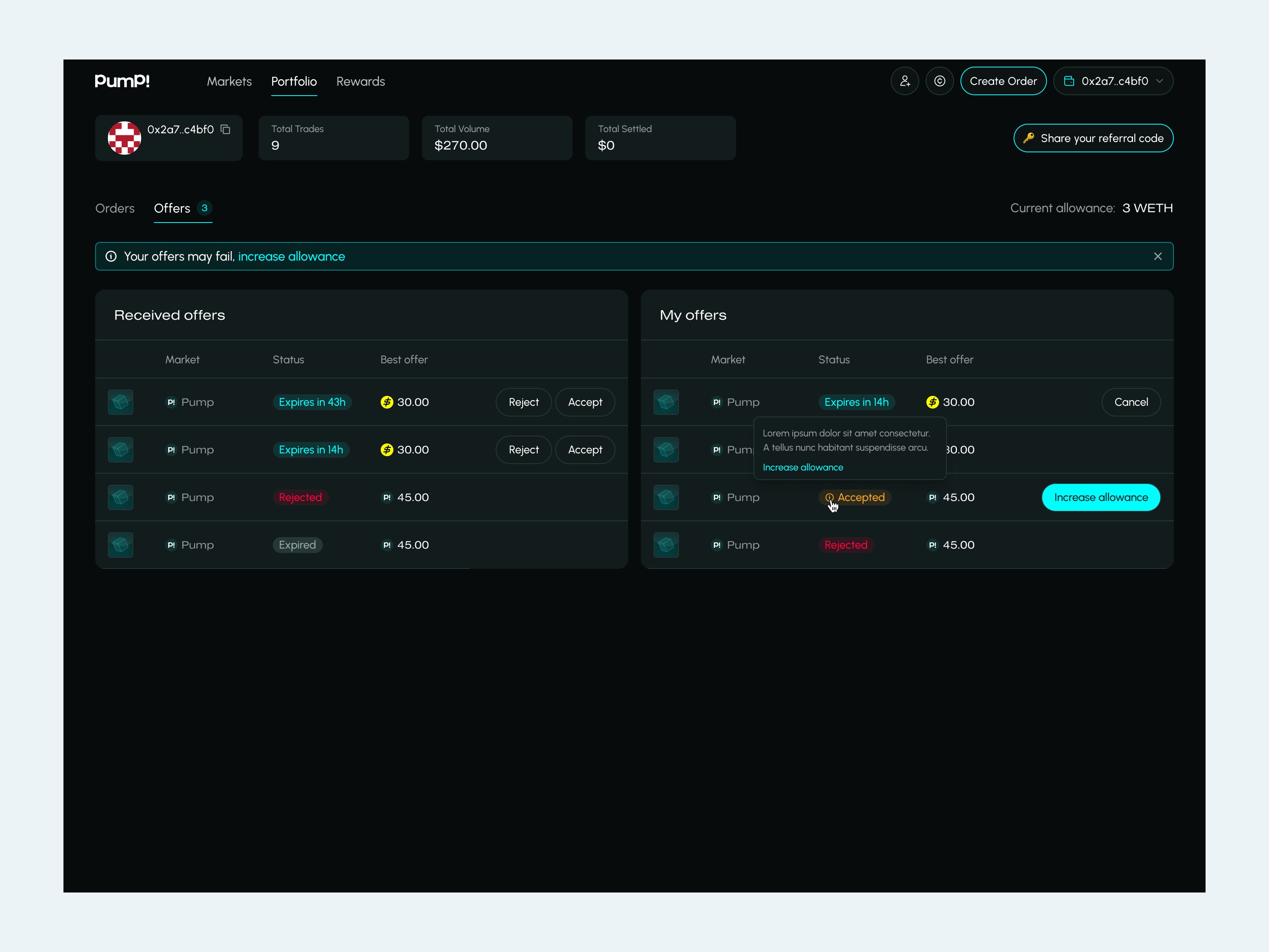 Pump Markets crypto trading marketplace dashboard