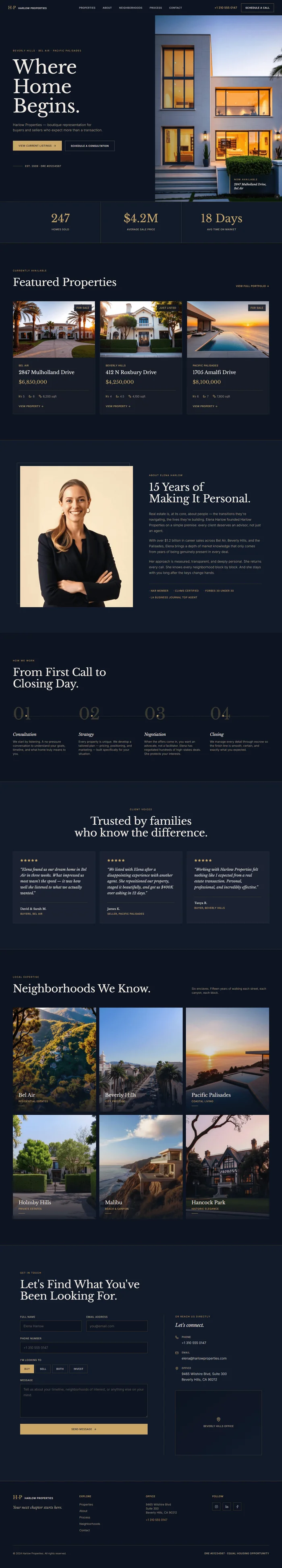Full page real estate agent website – split hero, property listing cards, neighborhood grid, dark footer