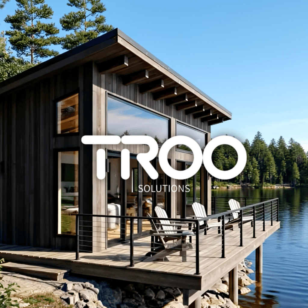 Modern modular home exterior built by Troo Solutions overlooking a Minnesota scenic waterfront