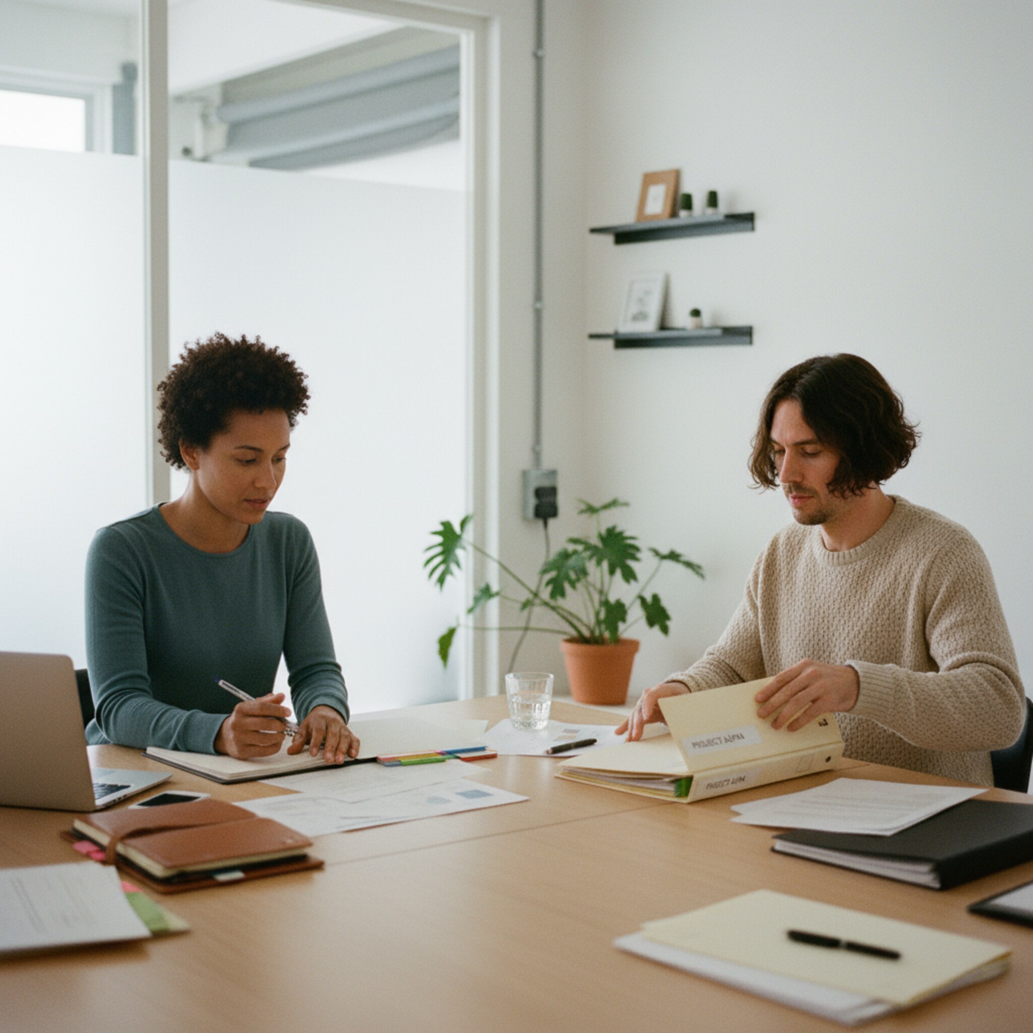 Ein ruhiger Besprechungsraum neben dem Studio, in dem zwei Personen Unterlagen ordnen und eine klare Reihenfolge festlegen. Das Licht fällt gleichmäßig auf den Tisch, die Atmosphäre wirkt strukturiert und professionell vorbereitet.