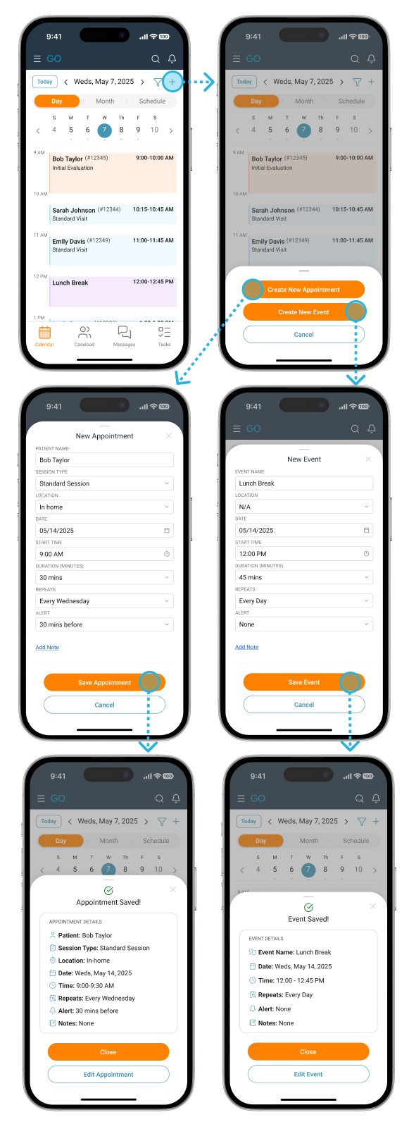 Hi-fidelity wireframes showing "create an appointment" flow
