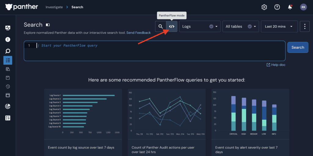 Within the Search interface in Panther, click the "</>" button to toggle to PantherFlow mode. 