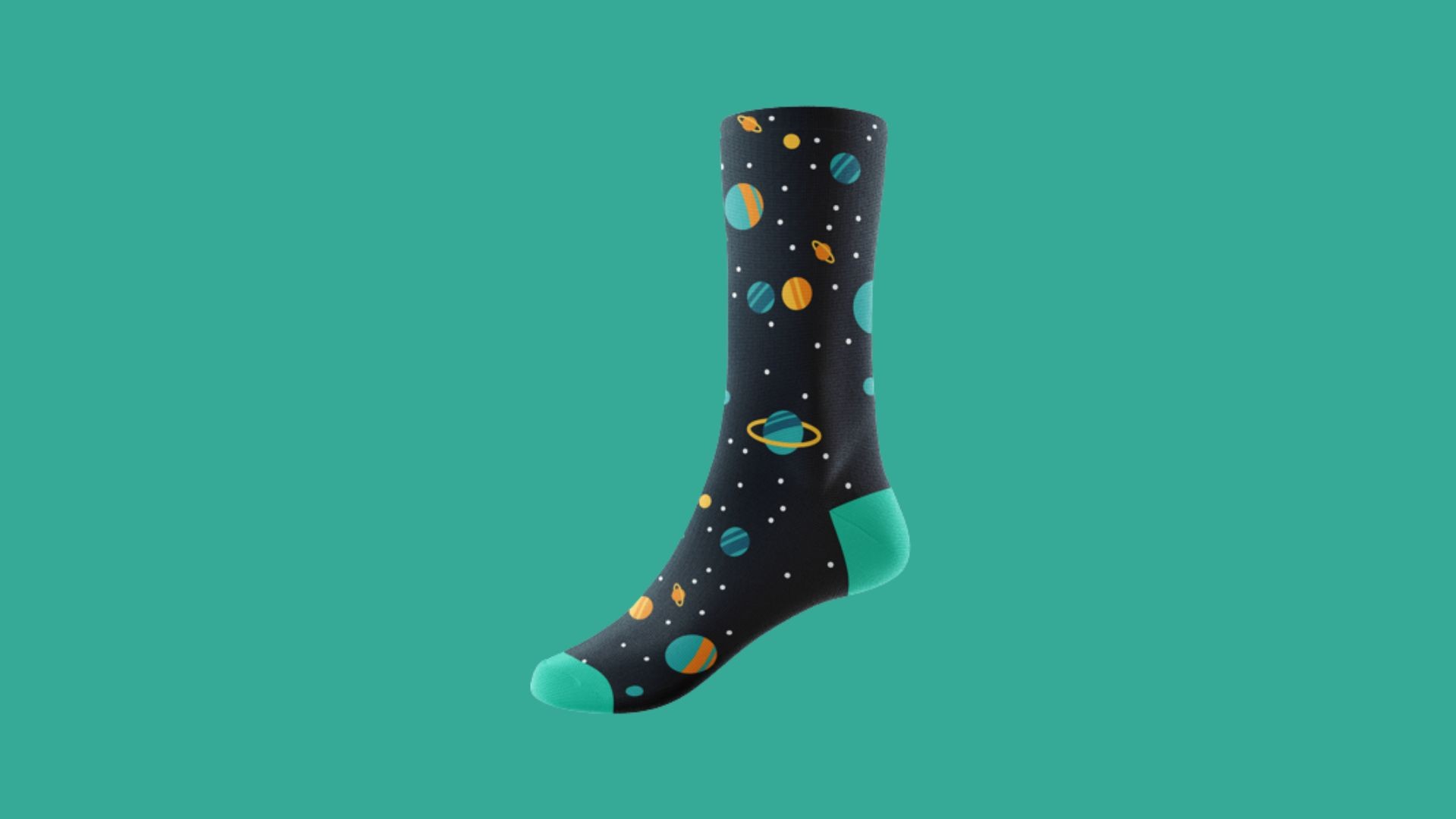 A mockup of a custom calf sock on a green background. The sock is space themed with planets on it.
