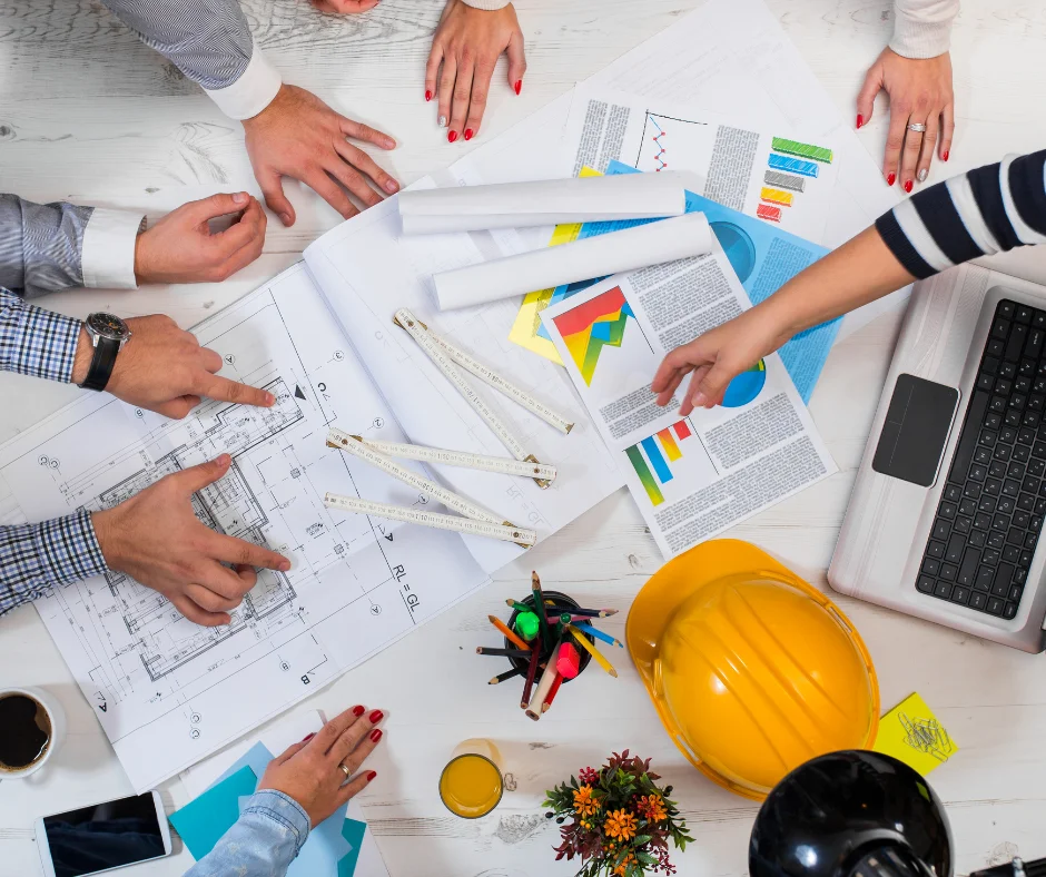 Marketers discussing a construction marketing plan