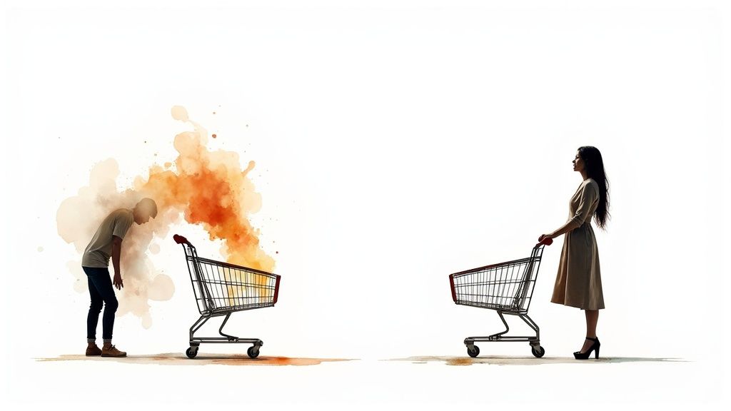 A watercolor style image contrasting a dejected man with an empty cart and a confident woman with a cart.