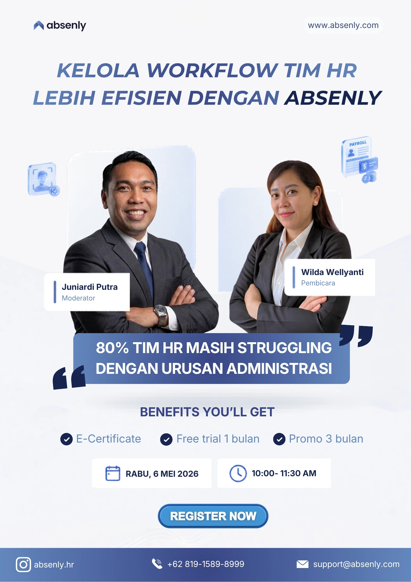 Banner fitur Leave Absenly: Software manajemen cuti terpusat dengan tampilan aplikasi mobile untuk pengajuan cuti karyawan yang transparan.