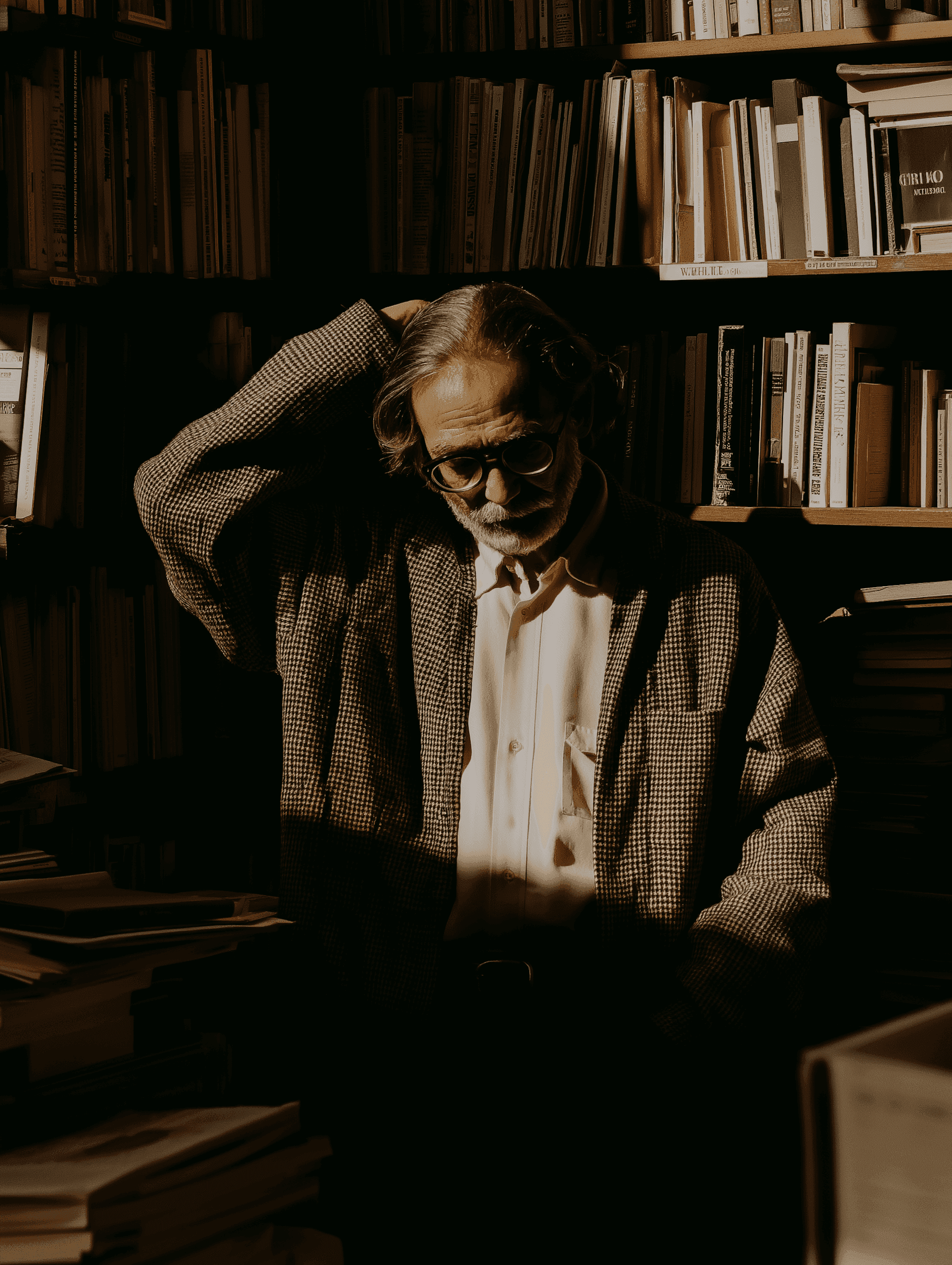 An older person standing in a dimly lit library filled with books, wearing a checkered jacket and white shirt, with one hand raised to the back of the head in a contemplative pose, as dramatic lighting highlights the face and upper body against shadowed shelves.