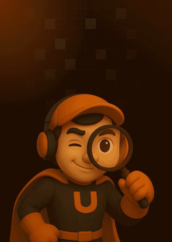 Upslide Mascot holding magnifying glass