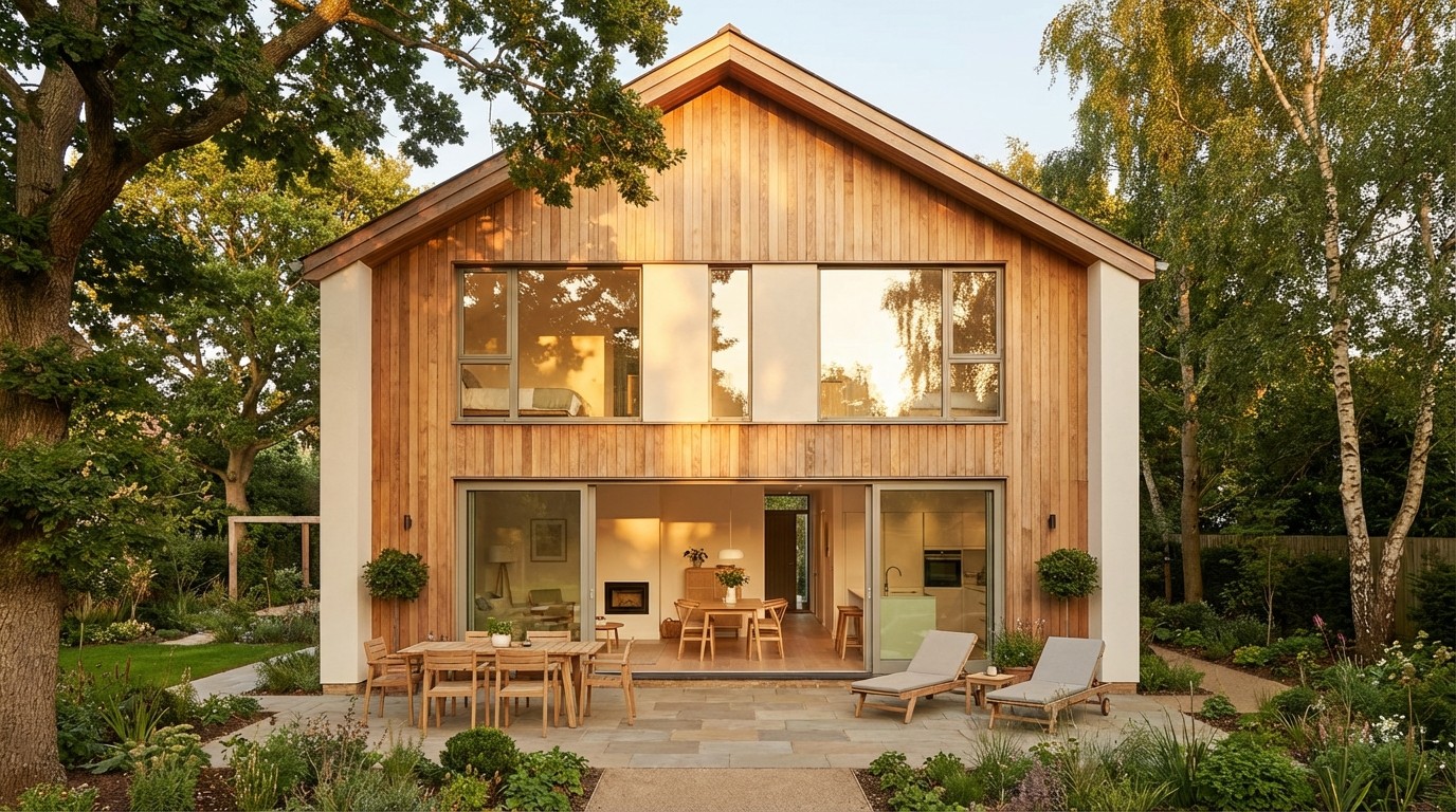 A modern two-story residential home with pitched roof and mixed materials (warm timber cladding and white render), seen from a garden angle at golden hour. Scandinavian architecture. Not a flat-roof box. Mature trees framing the house.