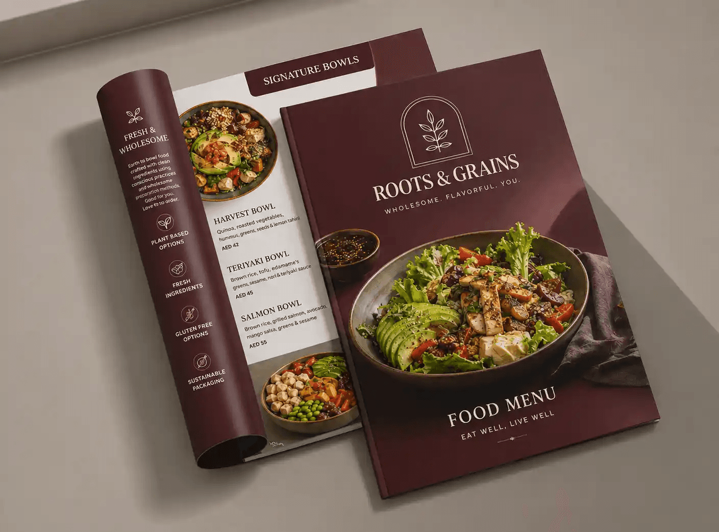 Roots & Grains menu design by Kayora, premium print design for a healthy dining brand