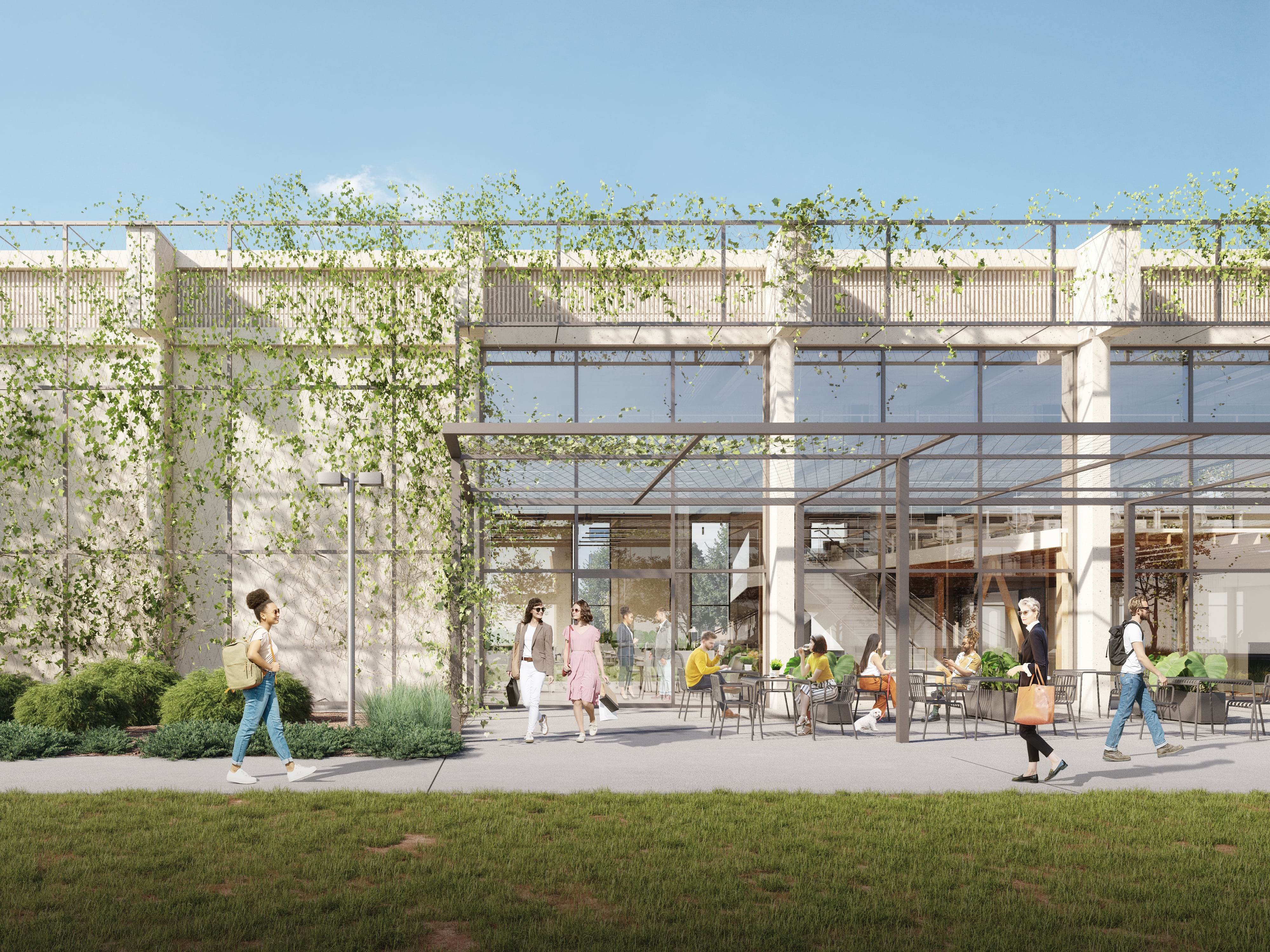 Building coffee area, street view.
