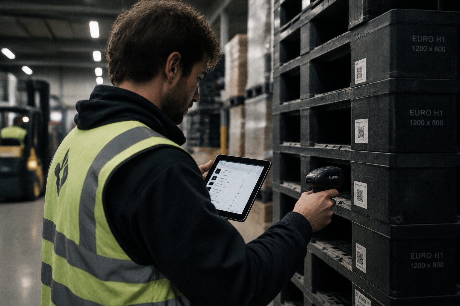 QR labels on stacked plastic pallets, read with a tablet and a scanner