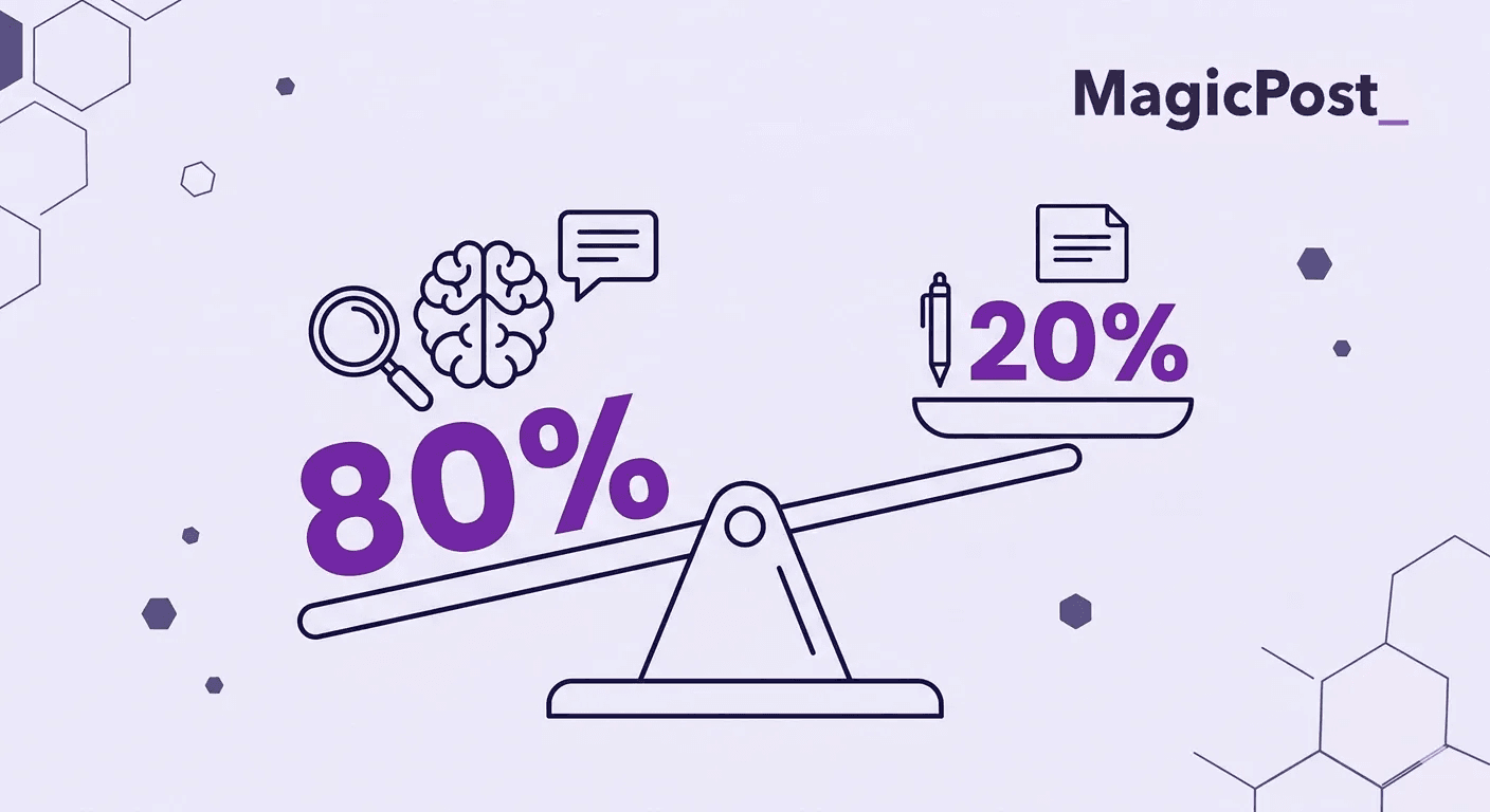 An illustration of a scale weighing the two realities of LinkedIn ghostwriting: 80% extraction and 20% writing