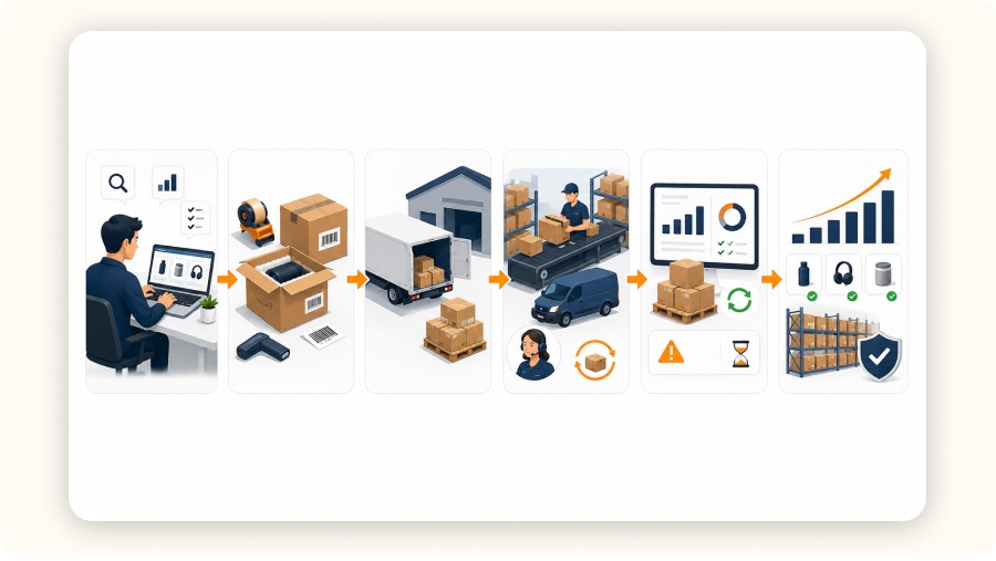 Simplified FBA process, from product selection to business growth.