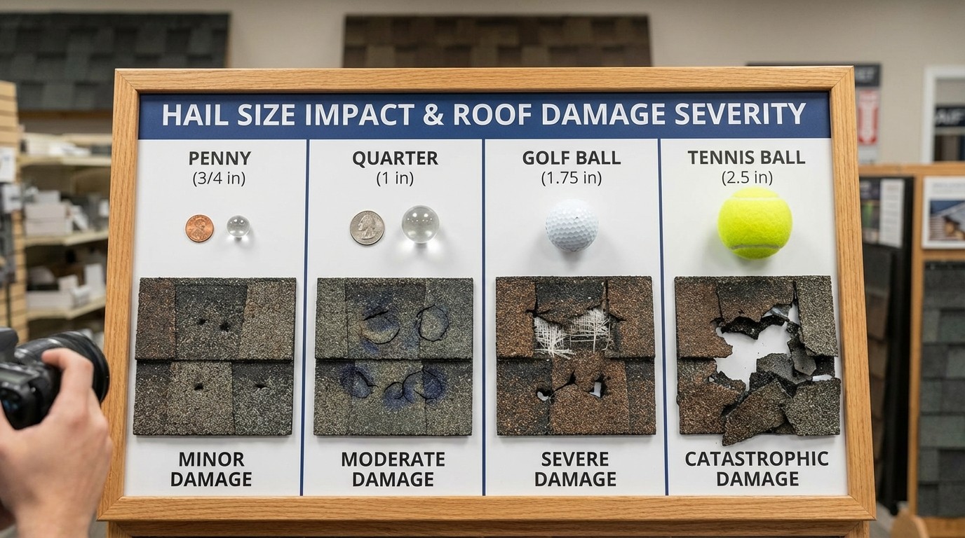 Hail size comparison chart from penny-sized to tennis ball-sized hail with damage indicators
