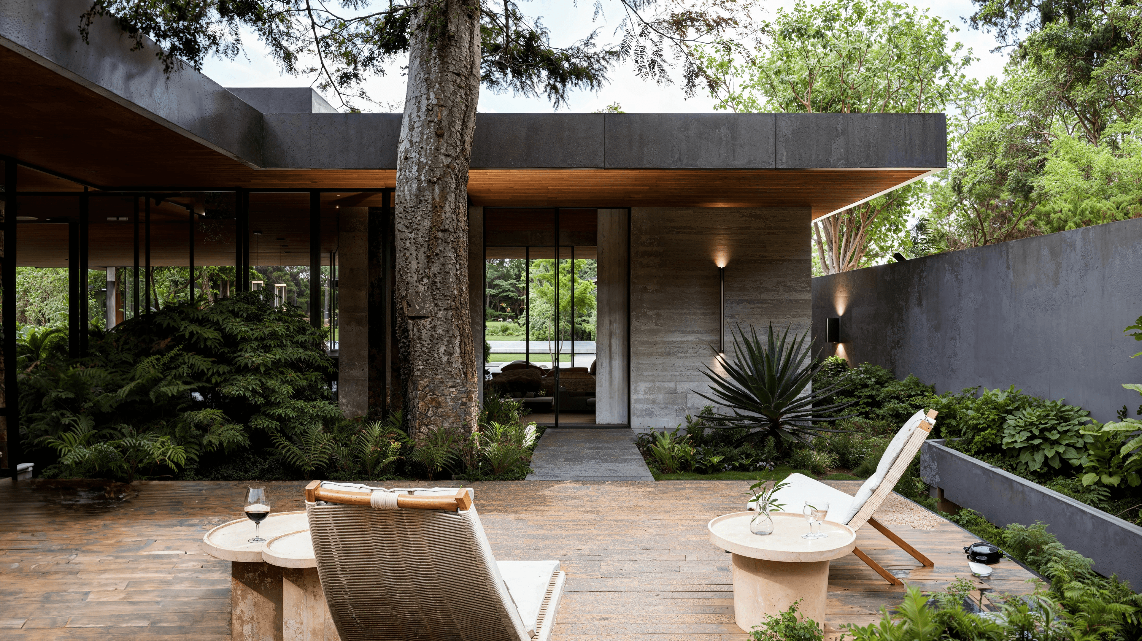 Concrete wall texture detail with timber ceiling — Pool House in the Forest by Hurtado Arquitectos