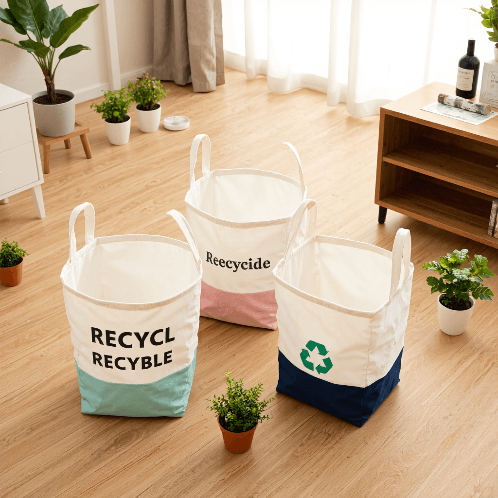 product photography of a set of three recycling bins