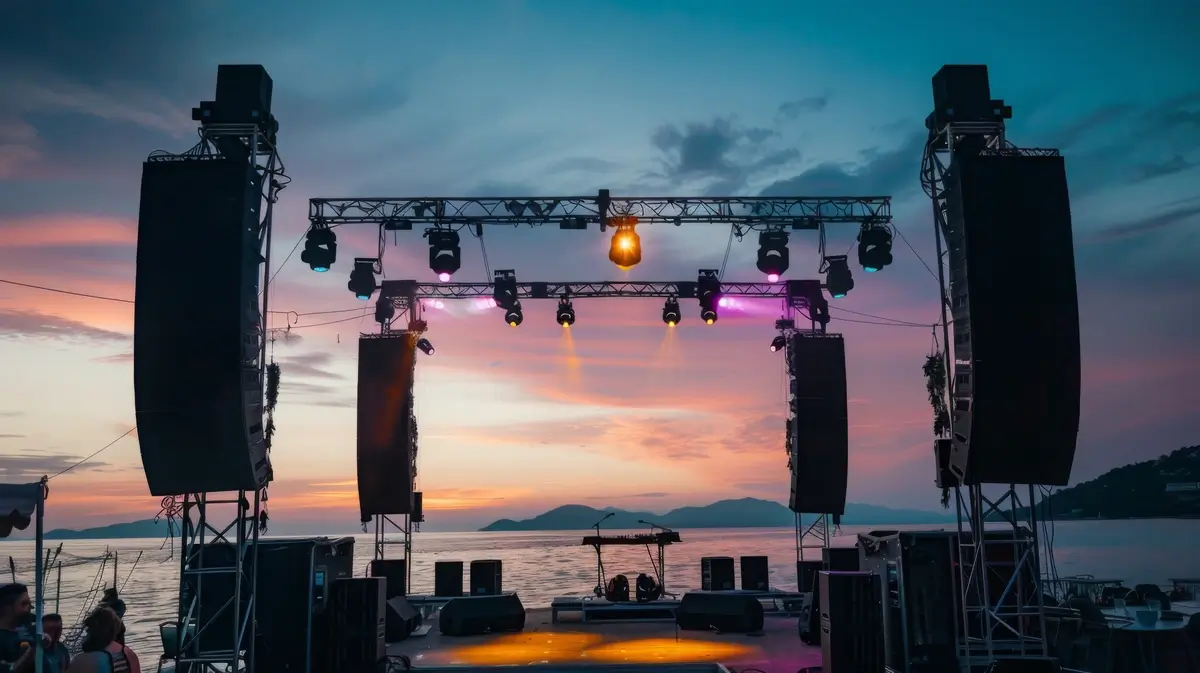 Installation d’une scène de concert sur la plage avec enceinte line array et kit musicien dj.