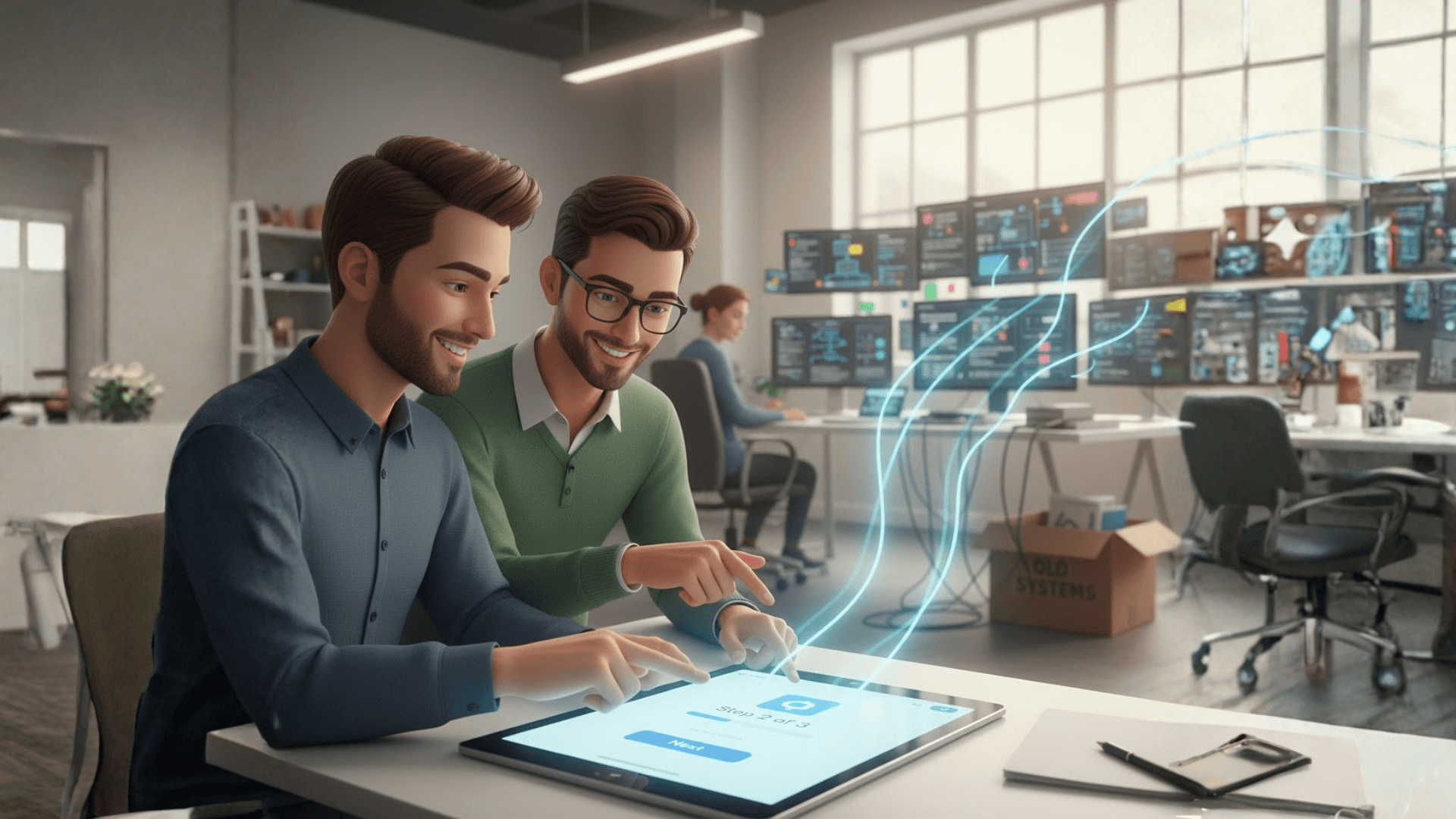 A team of two modern professionals in a bright, clean office environment smiling as they effortlessly complete a smooth 3-step onboarding process on a tablet. In the background, cluttered and complex legacy dashboards are blurred out, representing the transition from bloated old systems to a fast, intuitive, and minimal SaaS interface.