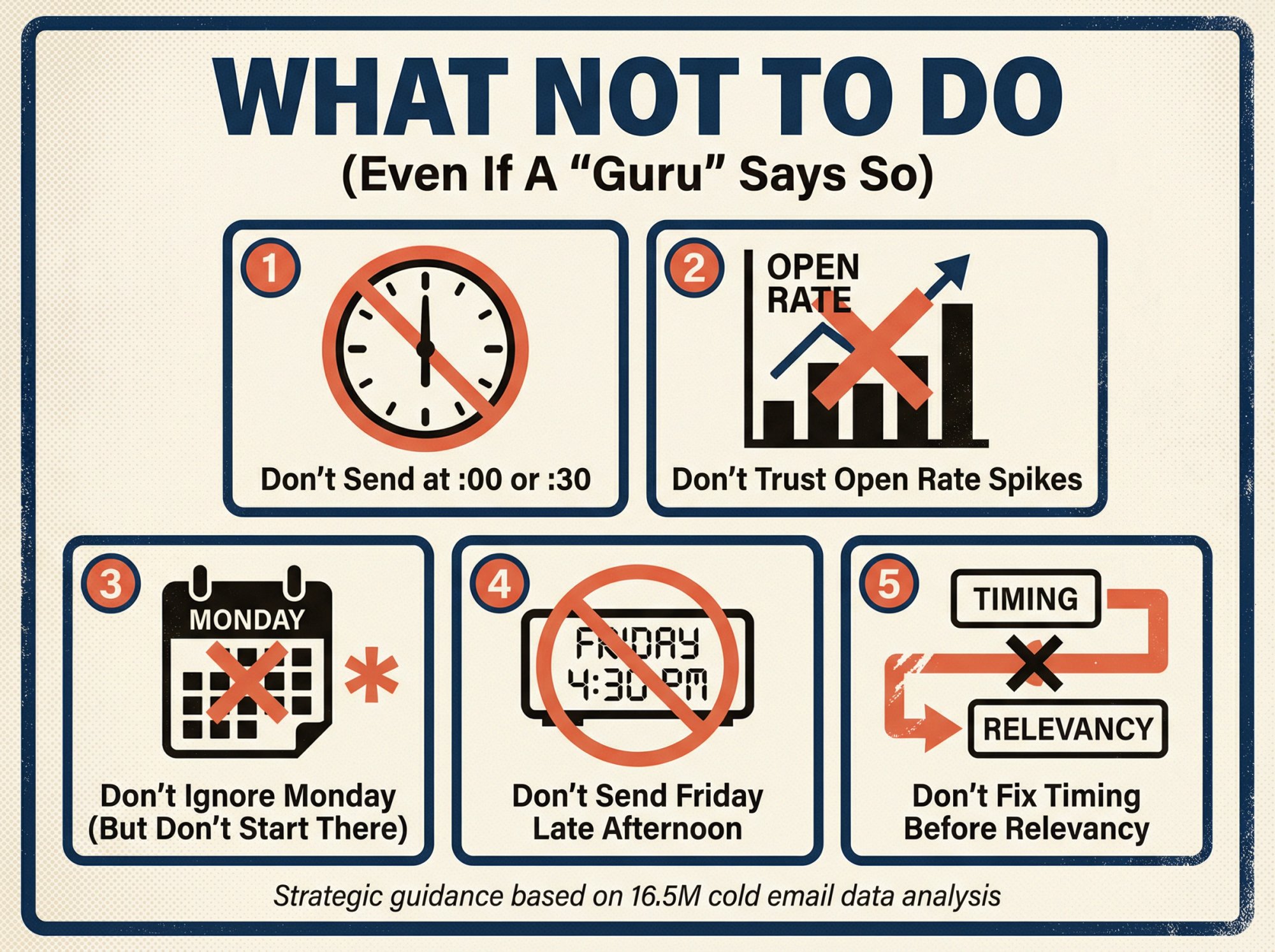 Vintage-inspired prohibition poster design showing 5 common cold email timing mistakes to avoid