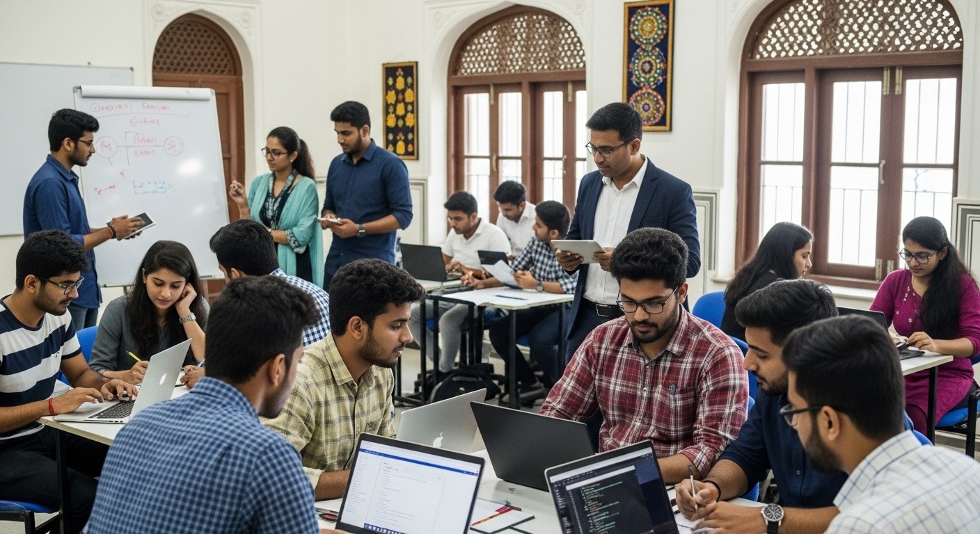 Three young students in a modern campus lounge focused on a laptop screen, discussing a project with coffee cups on the table.