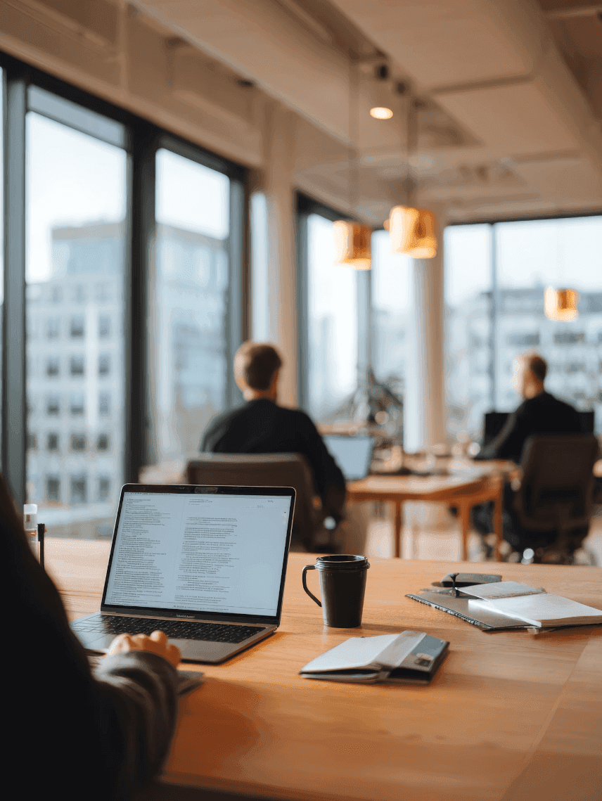 People working at desks in an open coworking space